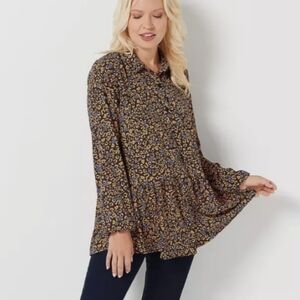 LOGO by Lori Goldstein Stretch Woven Button Front Blouse Animal Print Floral S